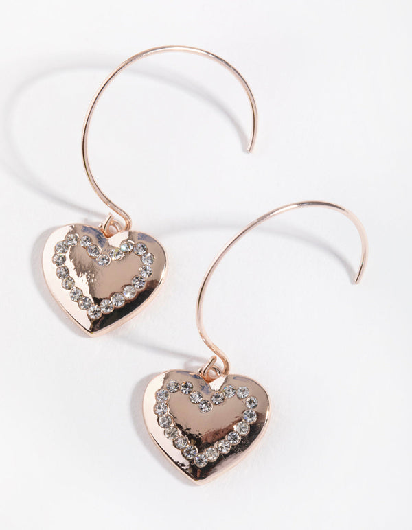 Rose Gold Diamante Heart Drop Hoop Earrings