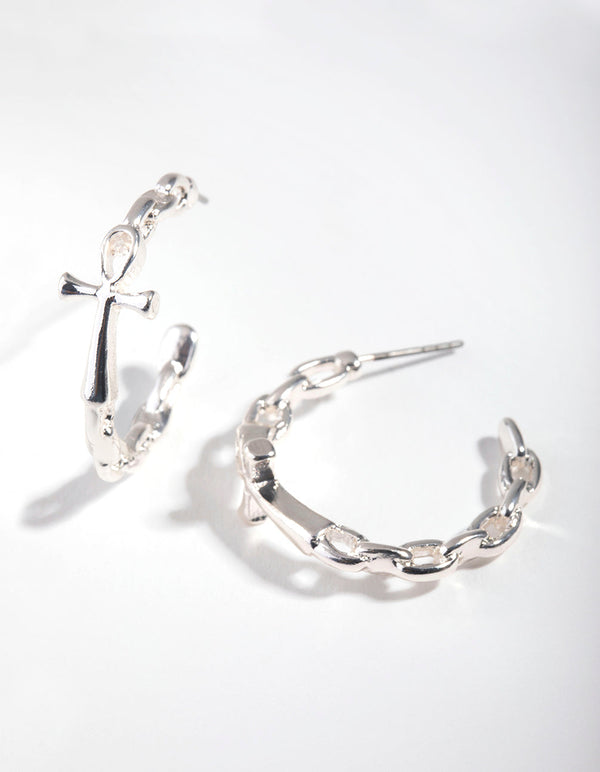 Silver Ankh Chain Hoop Earrings