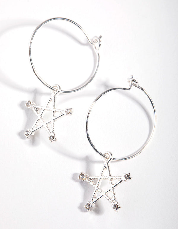 Silver Diamante Star Drop Hoop Earrings
