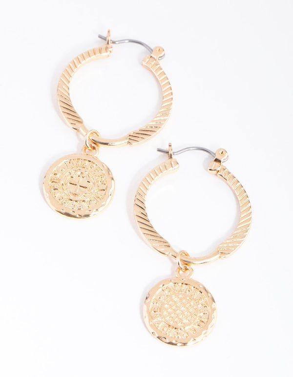 Gold Coin Textured Hoop Earrings
