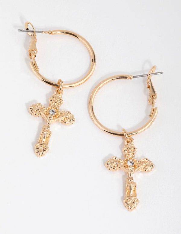Gold Diamante Cross Hoop Earrings