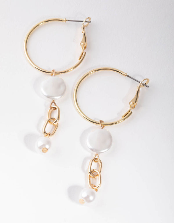 Gold Faux Pearl Chain Hoop Earrings