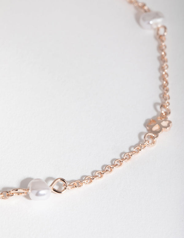 Rose Gold Faux Pearl Clover Choker Necklace