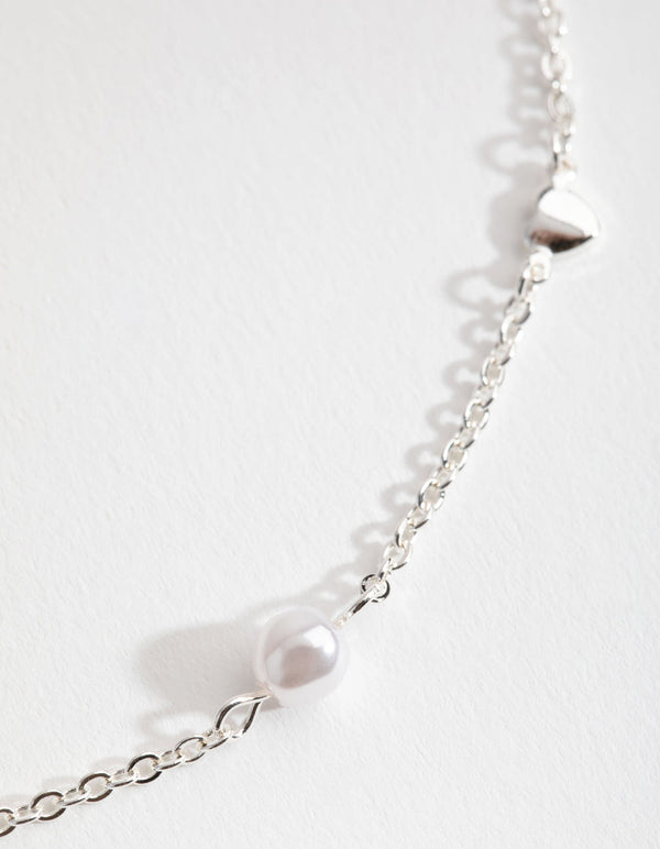 Silver Faux Pearl Heart Choker Necklace