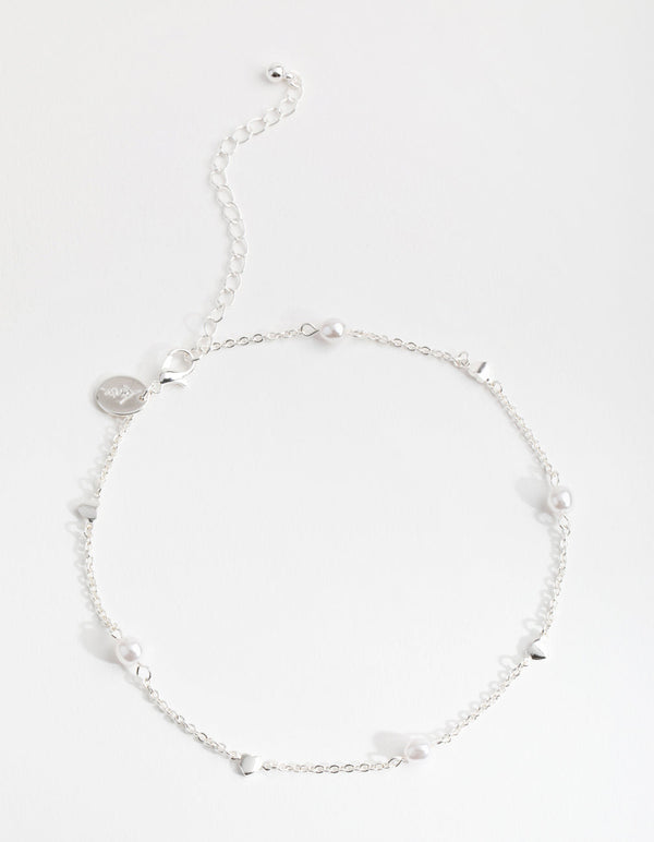 Silver Faux Pearl Heart Choker Necklace