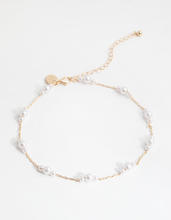 Gold Tripple Pearl Station Choker Necklace