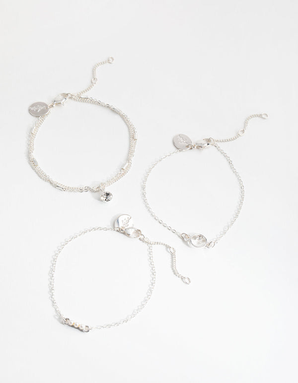 Silver Diamante and Faux Pearl 3-Pack Bracelets