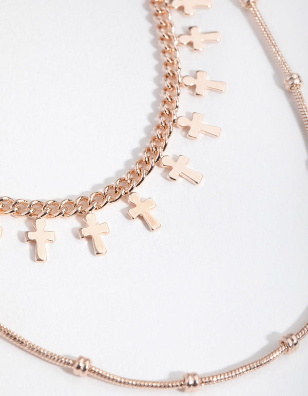 Rose Gold Short Mini Cross 2-Row Necklace