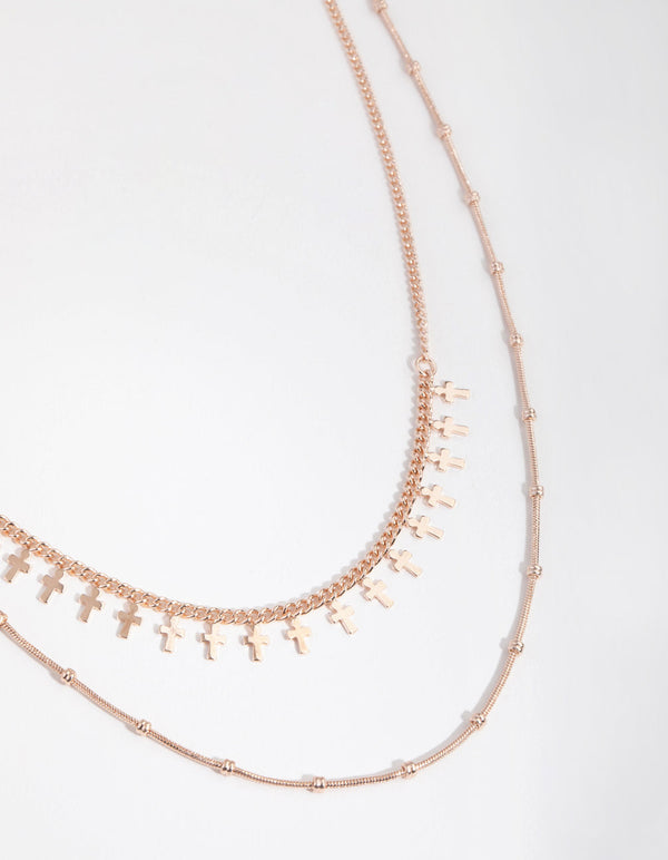 Rose Gold Short Mini Cross 2-Row Necklace