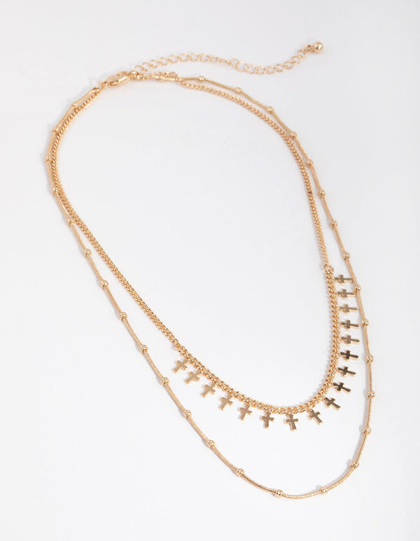 Gold Short Mini Cross 2-Row Necklace