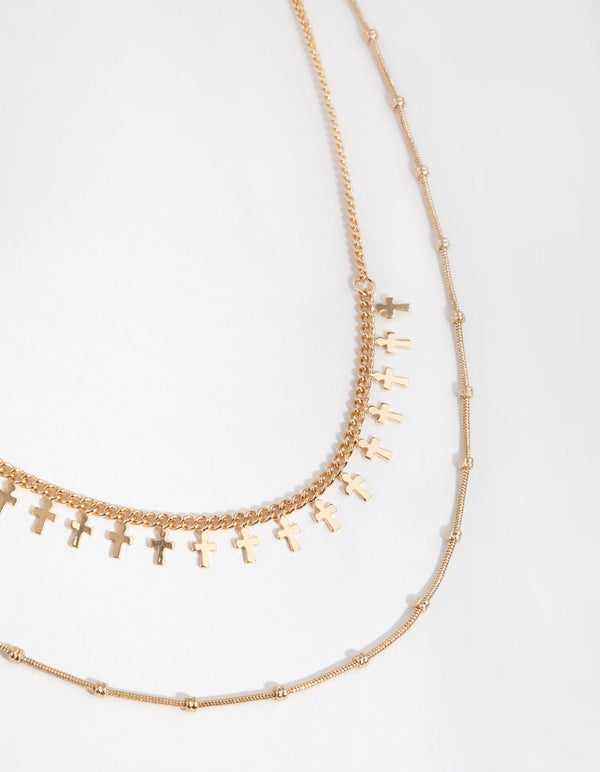 Gold Short Mini Cross 2-Row Necklace