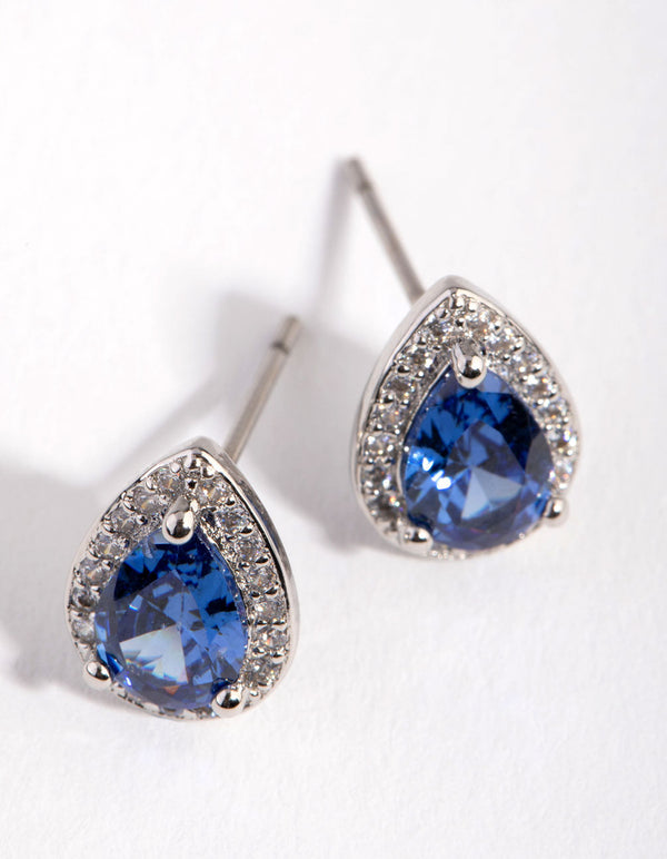 Cubic Zirconia Rhodium Pear Halo Stud Earrings