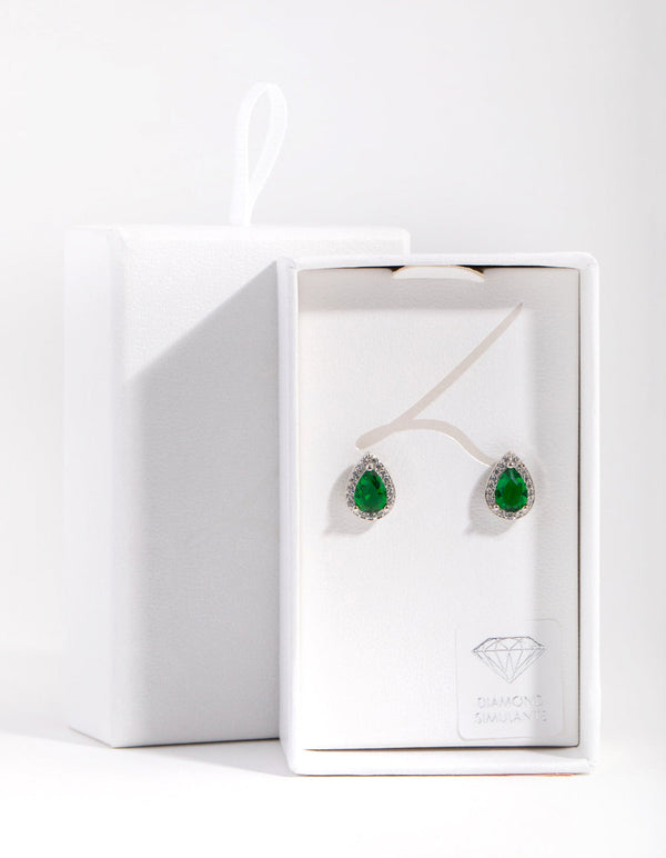 Cubic Zirconia Rhodium Pear Halo Stud Earrings