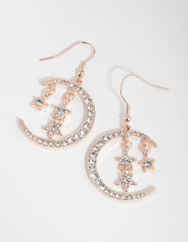 Rose Gold Diamante Star and Moon Drop Earrings