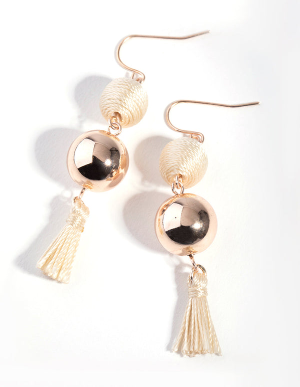 Rose Gold Double Bead Tassel Drop Earrings