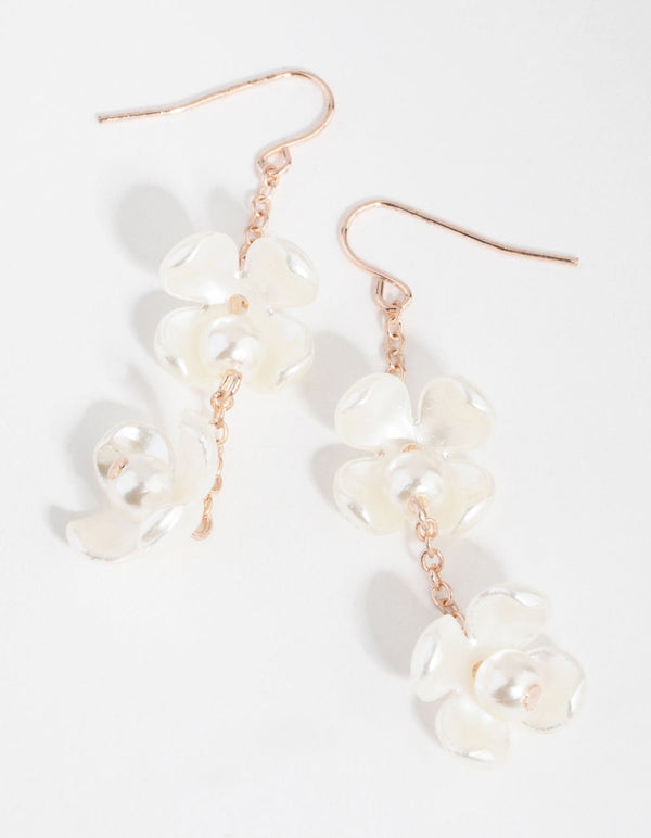 Rose Gold Faux Pearl Flower Drop Earrings