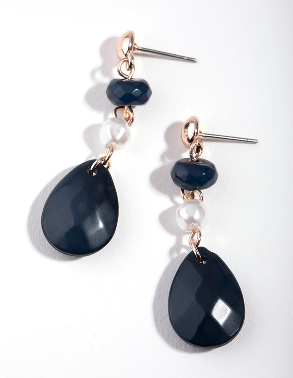 Rose Gold Bead and Faux Pearl Drop Earrings