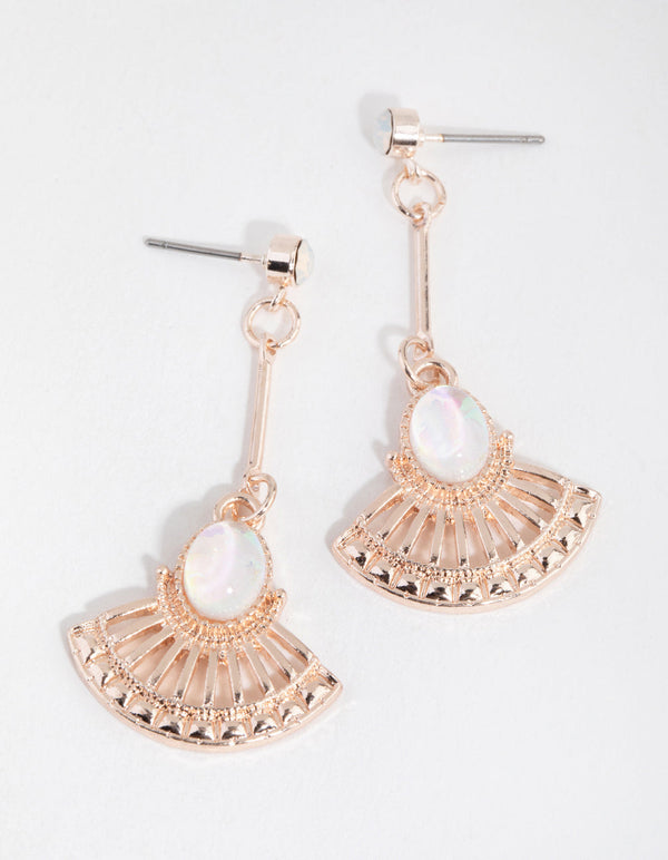 Rose Gold Round Stone Fan Drop Earrings