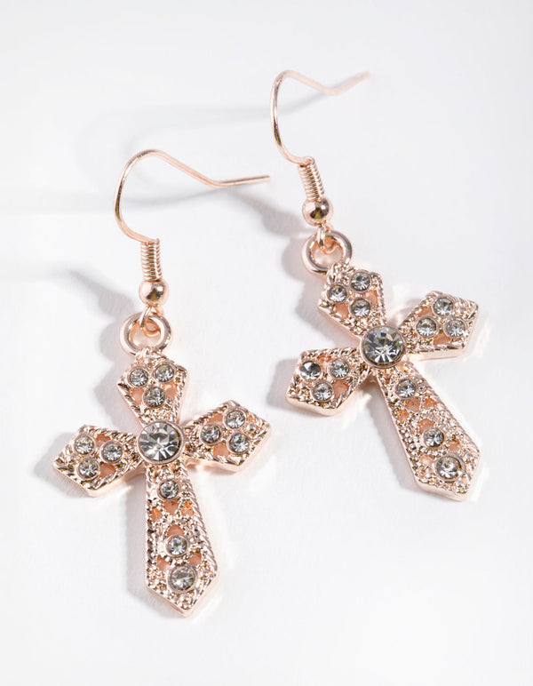 Rose Gold Diamante Cross Drop Earrings