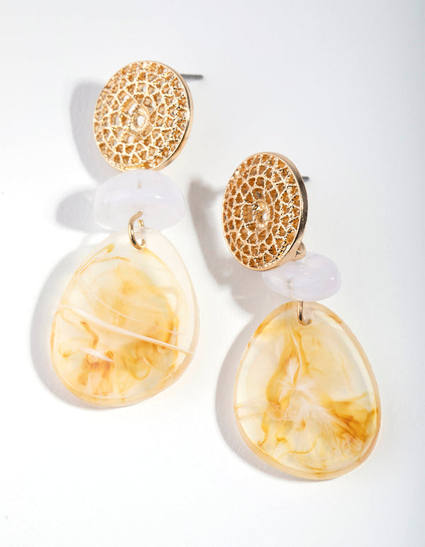 Gold Filigree Disc Bead and Disc Drop Earrings