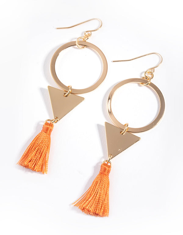 Gold Circle Tripple Tassel Drop Earrings