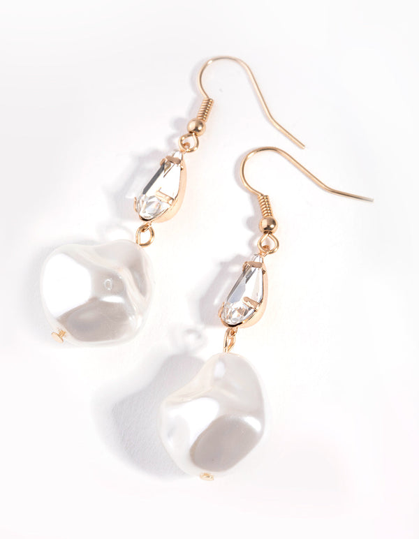 Gold Diamante Pearl Drop Earrings