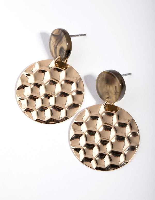 Gold Molten Disc Drop Earrings