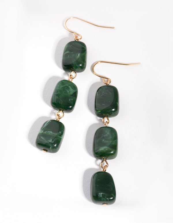 Green Tripple Square Bead Drop Earrings
