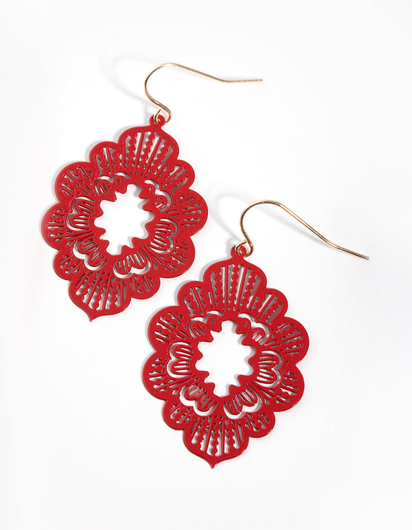 Red Open Cut Out Drop Earrings