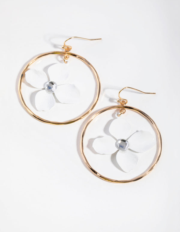 Gold Flower-in-Hoop Drop Earrings