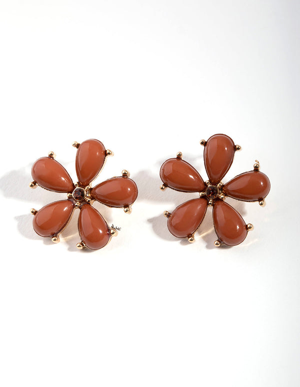Gold Enamel Flower Stud Earrings