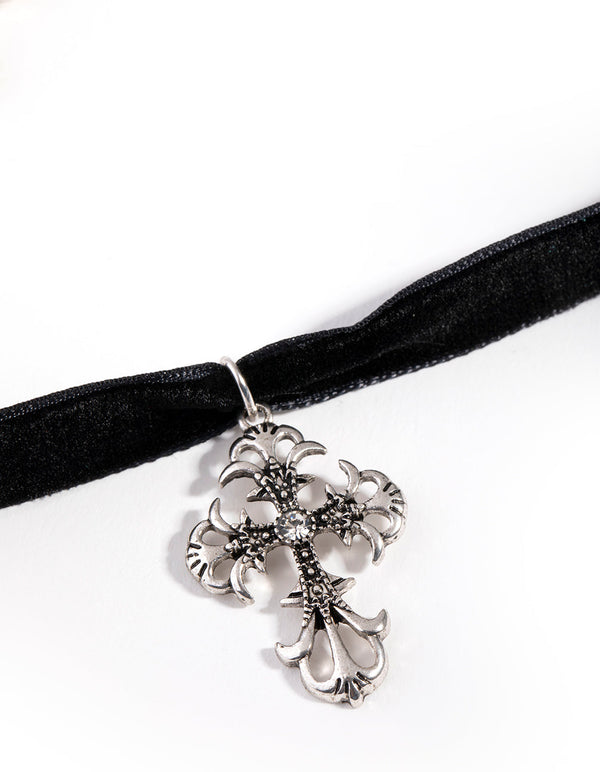 Antique Silver and Suede Cross Choker Necklace
