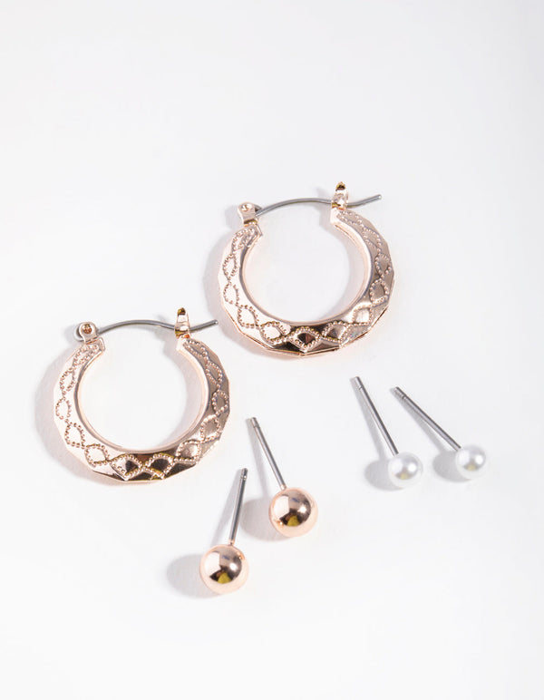Rose Gold Fine Texture Hoop 3-Pack Earring