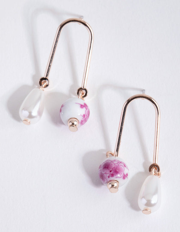 Rose Gold Flower Ball Faux Pearl Drop Earrings