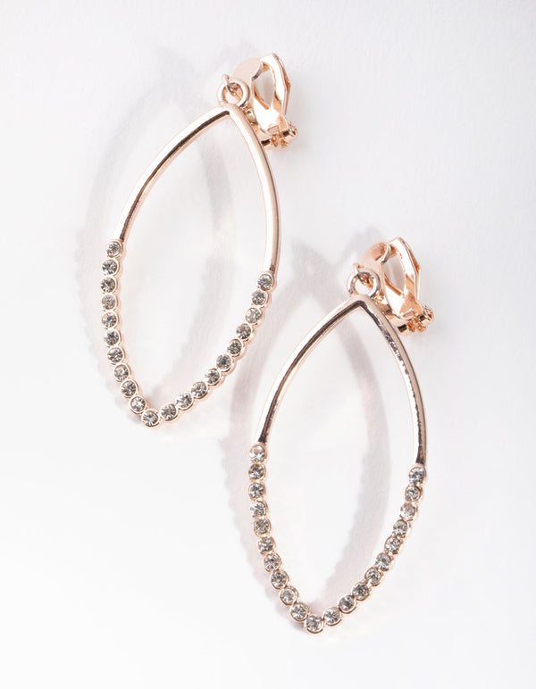 Rose Gold Half Diamante Leaf Outline Clip Earrings