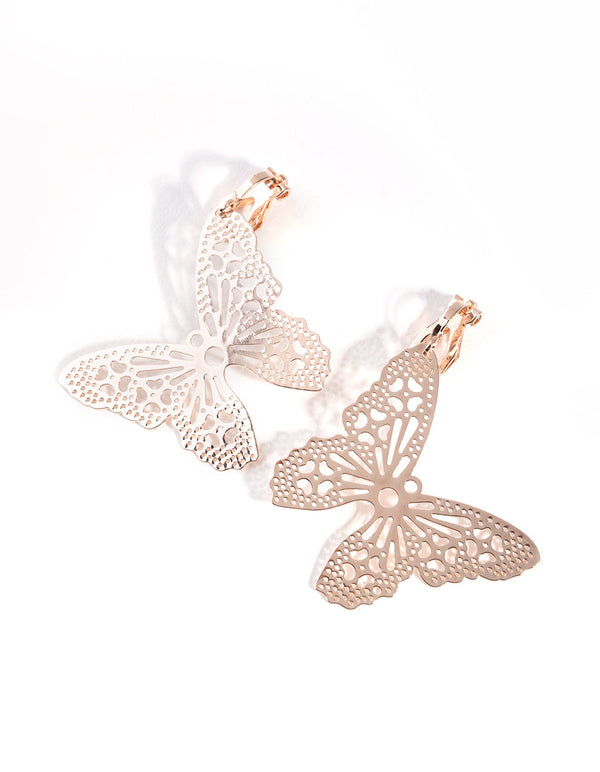 Rose Gold Metal Butterfly Clip On Earrings