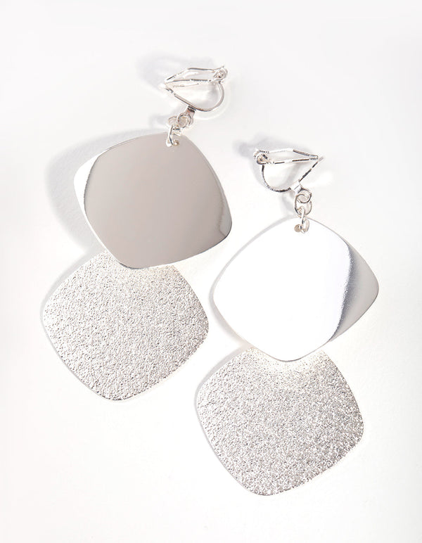 Silver Rounded Square Sandblasted Clip-On Earrings