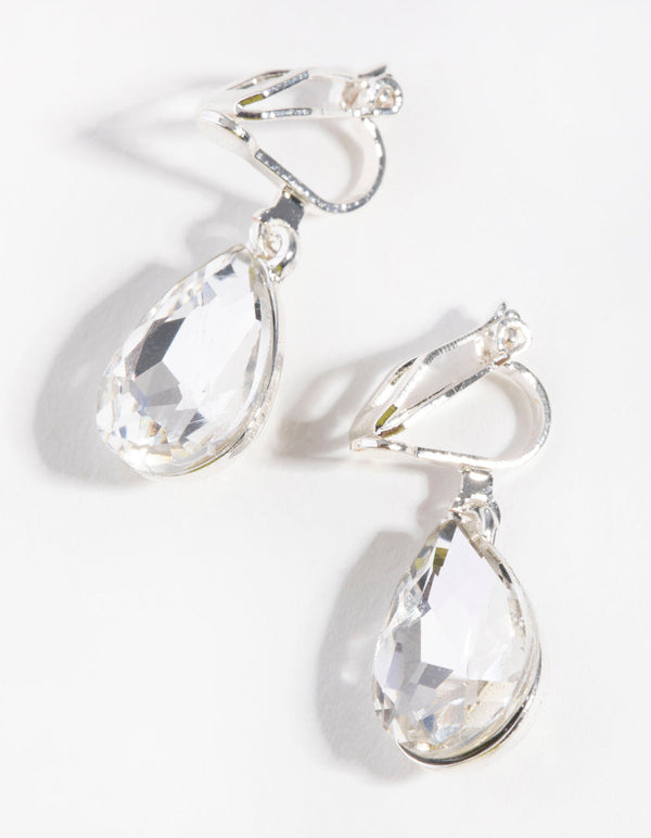 Silver Teardrop Stone Clip on Earrings