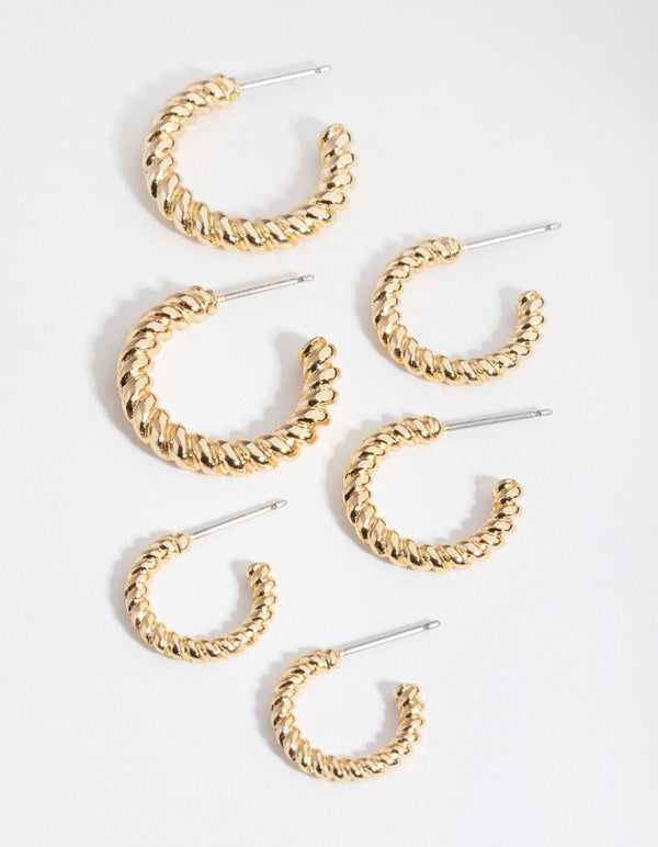 Real Gold Plated Smooth Twist Hoop 3-Pack Earring
