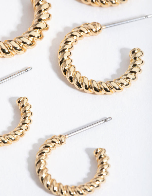 Real Gold Plated Smooth Twist Hoop 3-Pack Earring