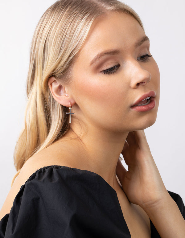 Real Silver Plated Cross Sleeper Earrings