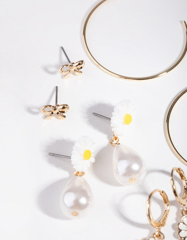 Gold Daisy and Bow 6-Pack Earring