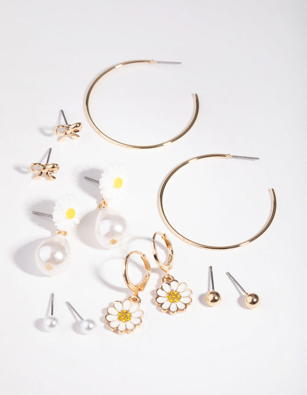 Gold Daisy and Bow 6-Pack Earring