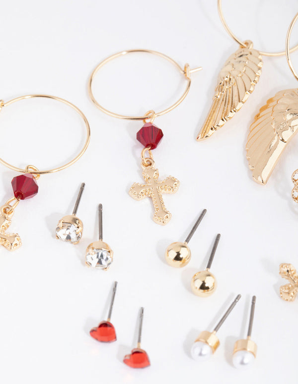 Gold Cross and Wings 8-Pack Earring
