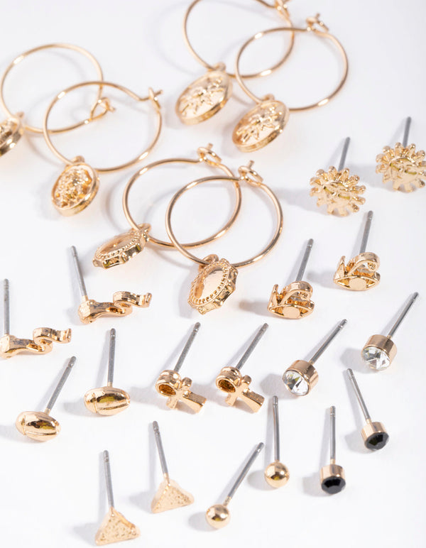 Gold Sun Cross Snake 12-Pack Earring