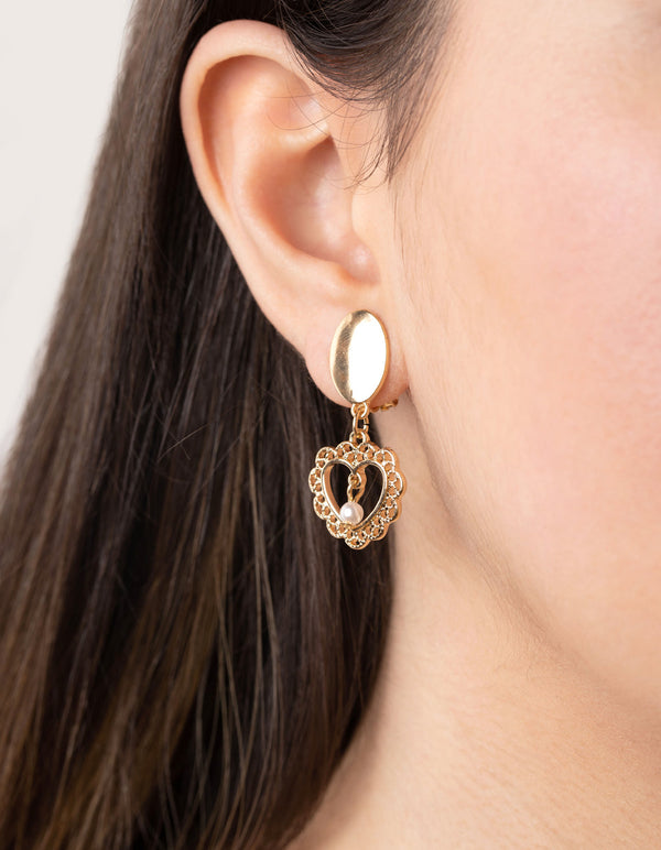 Gold Faux Pearl Heart Clip On 5-Pack Earring