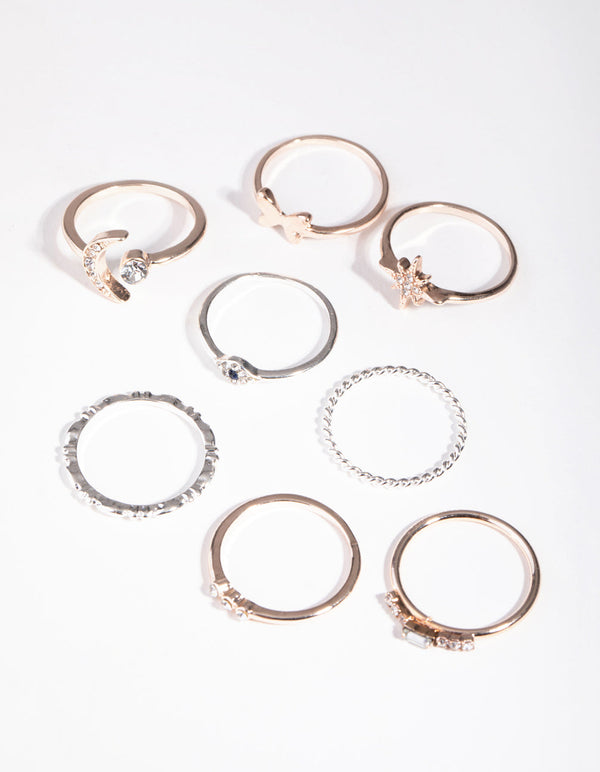 Mixed Metals Diamante Moon Star Rings