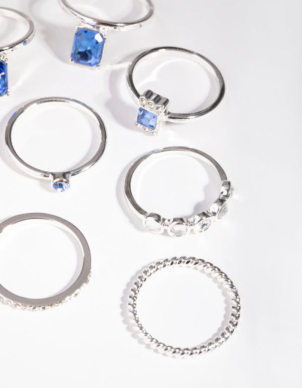 Silver Rectangle Stone 8 Pack Rings