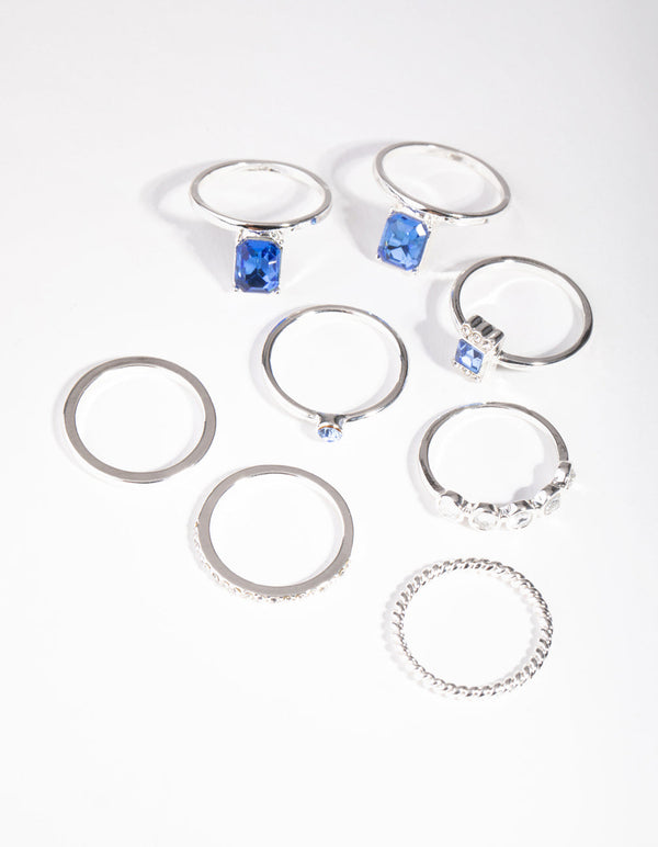 Silver Rectangle Stone 8 Pack Rings