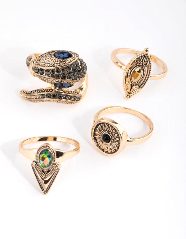 Antique Gold Snake 4-Pack Rings